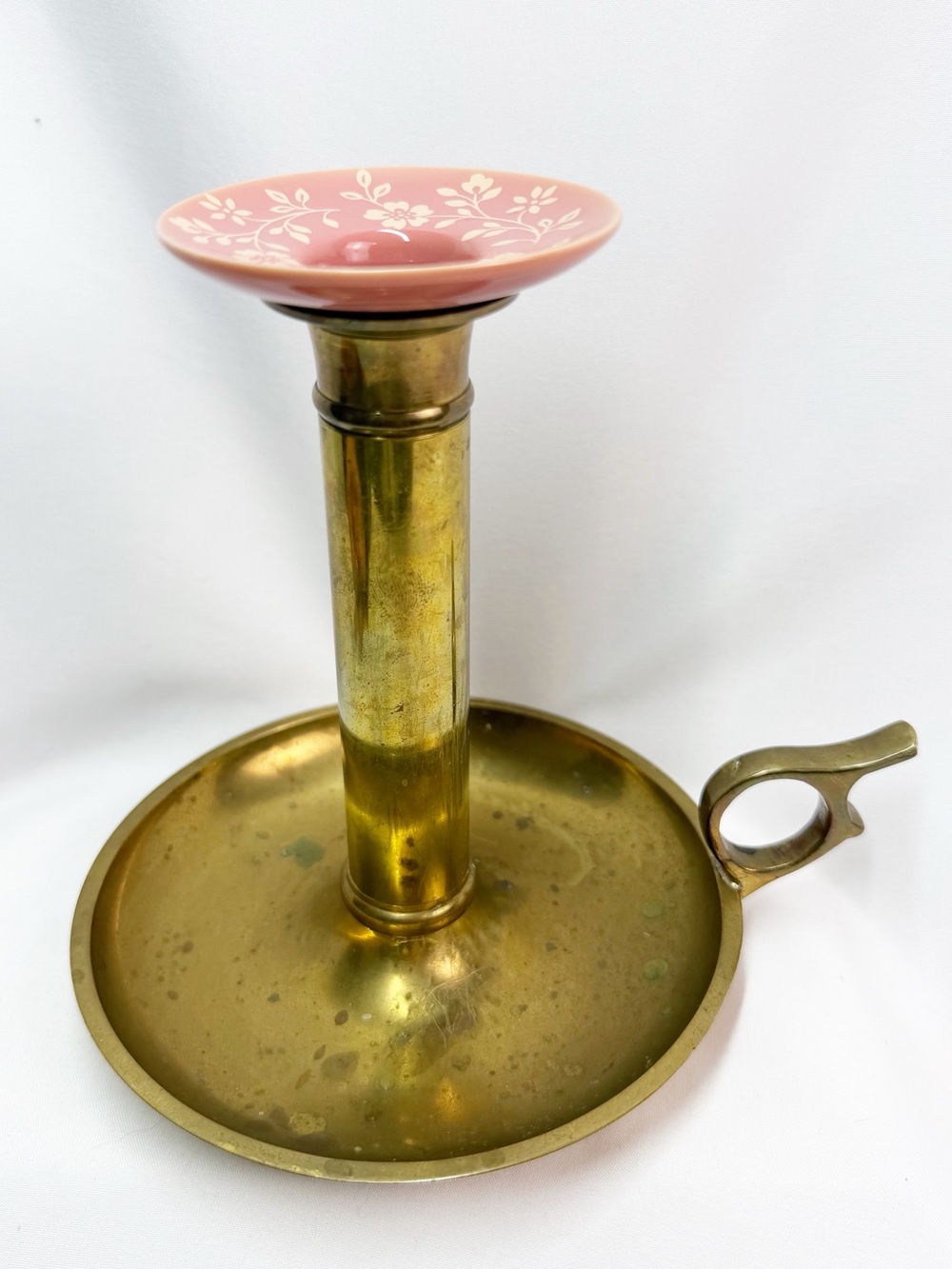 Vintage Brass Chamberstick Candle Holder Floral Ceramic Drip Tray